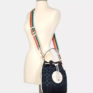 Coach Dempsy Drawstring Bucket Bag In Denim..Signature Rainbow Strap
